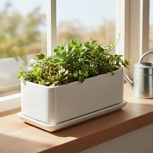 MyGift 10 Inch Modern Unglazed White Ceramic Indoor Plant Pot with Drainage Hole, Rectangular Succulent Planter Window Box with Removable Saucer, 1 Pack