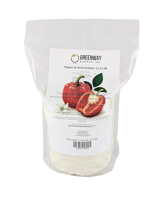 Greenway Biotech, Inc. Pepper & Herb Fertilizer 11-11-40 Powder - Water Soluble with Chelated Micronutrients for Hot & Bell Peppers Basil - Hotter Peppers Aromatic Herbs - Hydroponics & Soil - 5 LB