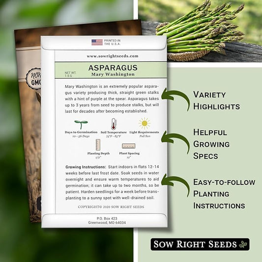 Sow Right Seeds - Mary Washington Asparagus Seed for Planting - Non-GMO Heirloom Packet with Instructions to Plant an Outdoor Home Vegetable Garden - Classic Perennial Stalks with Hearty Flavor (3)