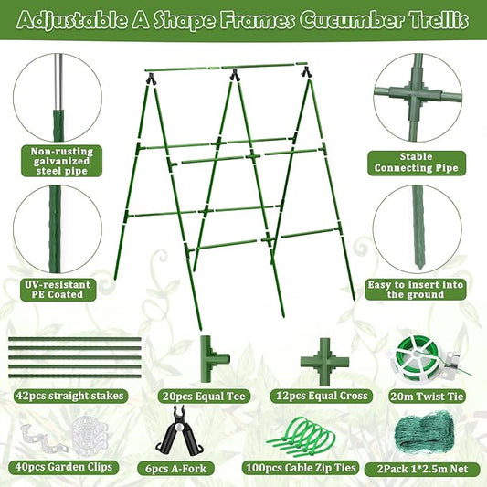 2 Packs Cucumber Trellis for Raised Beds, 31 X 47 Inch Adjustable Size A-Frame Garden Trellis for Climbing Plant Outdoors with Climbing Net and Plant Support Clip for Vegetable Grape Garden Supplies