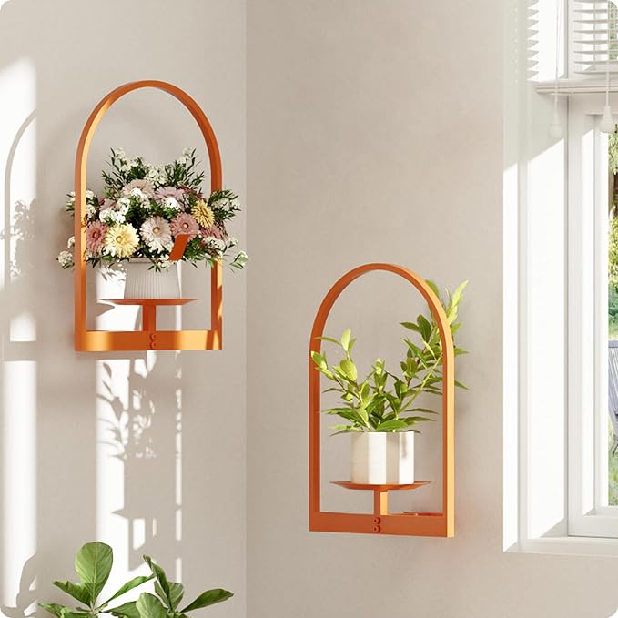 Orange Metal Wall Plant Holder - 2-Pack Wall Mounted Plant Stands and Hanging Holders for Indoor Planter and Flower Pot - Arch Decor Shelf for Plant Storage (Pot Not Included)