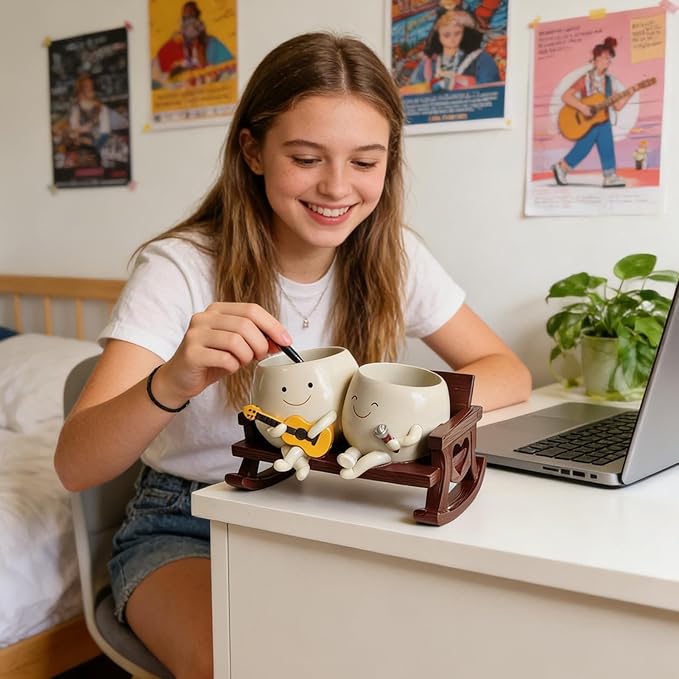 Smiley Face Planter Pot, Cute Funny Heart Rocking Chair Double Head Face Planter Pot with Unique Guitar and Microphone for Indoor Outdoor, Succulent Flower Pots with Drainage Hole 