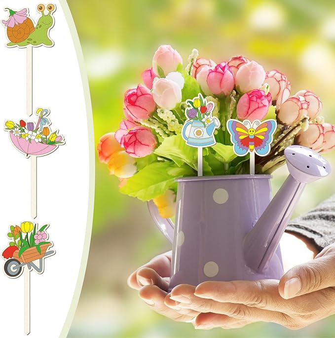 15 Pcs Wooden Spring Plant Stakes Crafts Color Your Own Spring Sticks for Plant DIY Craft Kits Unfinished Wood Cutouts Butterfly Watering Can Snail Flower Shape for Gardener Gardening Gifts