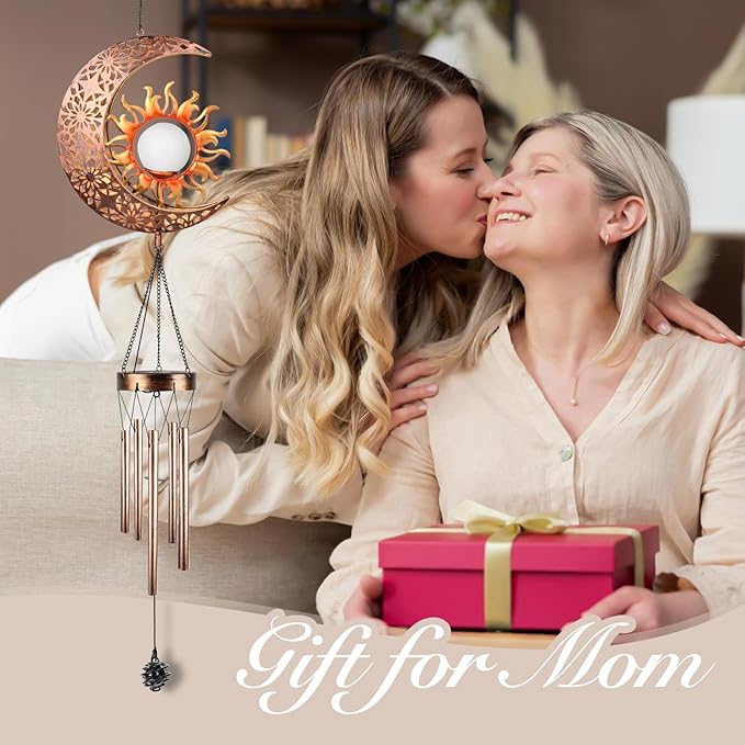 Solar Sun Moon Wind Chimes Outdoor, Waterproof Wind Bells Light with Crackle Glass Ball for Outside, Clearance Unique Gifts for Mother's Day, Mom, Women, Girls, Yard, Garden, Party Decor