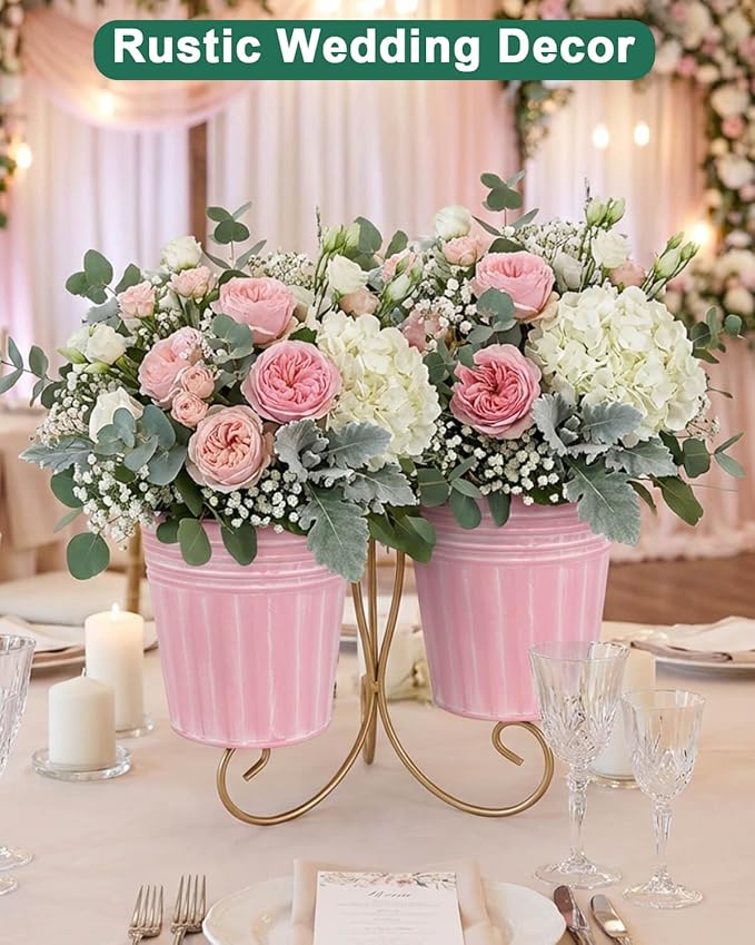 vensovo 6 Inch Pink Metal Rustic Flower Pots - 6Pcs Medium Galvanized Planters with Drainage Hole and Rubber Plug, Rustproof Metal Bucket Plant Pots Farmhouse Vintage Style for Decor