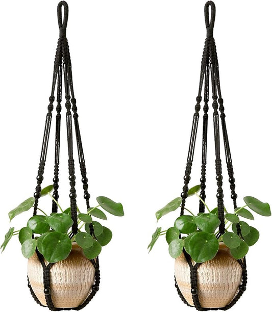 Mkono Macrame Plant Hanger Indoor Hanging Planter Basket and Ceiling Hooks, Wood Beads Decorative Flower Pot Holder for Indoor Outdoor Boho Home Decor, Black,Set of 2