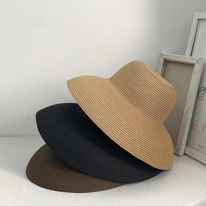 Wide-Brim Classic Elegant Style Foldable Straw Hat Women's Retro UV Resistant Sun Hats for Outdoor, Beach and Travel