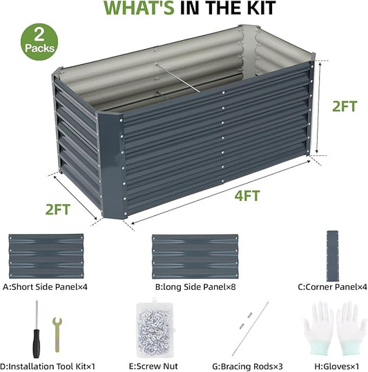 4x2x2ft (2 Pack) Raised Garden Bed - Galvanized Deep Root Planter Boxes Outdoor with Wing Nuts and Safety Edges for Gardening Vegetables, Flowers, Herbs, Succulents - Gray