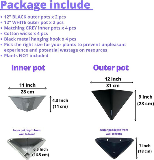 LaLaGreen Wall Planters for Indoor Plants - 4 Pack, 12 Inch Large Self Watering Black and White Mixed Color Geometric Indoor Vertical Garden Wall Hanging Flower Vase Vessel with Metal Hanger Stylish