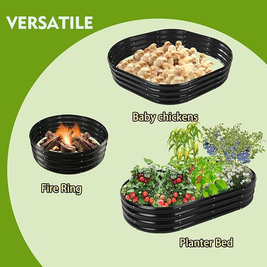 5X2.7X1 FT Oval Galvanized Metal Garden Raised Bed/Plant Box for Planting,32 Inches Diameter Iron Fire Pit Ring,Small Animal Fence-3 in 1 Modular Design in Black (Black, 60X32X11.5 Inches)