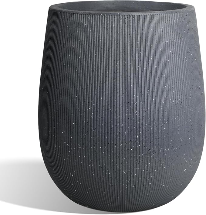 Worth Garden Large Dark Gray Round Planter, 12.5" x 18.5" Lightweight Magnesium Oxide Cement Plant Pot with a Striped Textured Finish, Raised Pattern Concrete Look, Drainage Hole, Indoor & Outdoor