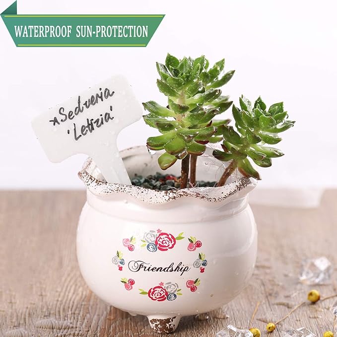Whaline 100 Pcs Plastic Plant Labels White T-Type Garden Stake Tags Waterproof Plant Markers Reusable Plant Signs for Outdoor Indoor Nursery Potted Plants Seed with A Black Marker Pen (6 x 10 cm)