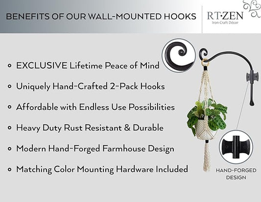 RTZEN Plant Hangers Indoor or Outdoor - Wrought Iron Metal Hanger Indoor Hook - Heavy Duty Wall Bracket Hooks for Hanging Plants Baskets Lanterns Wind Chimes - 2 Pack (Black Axe-Shape Hooks)