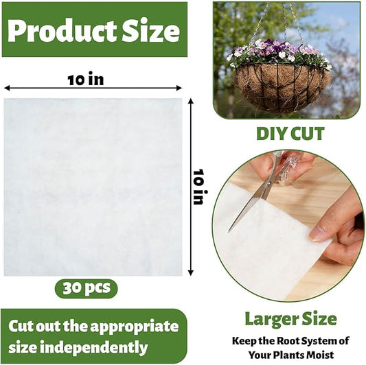 Hanging Basket Self Watering Liner, 10x10 Inch 30-Pack Premium Felt Plant Liners - Reusable, Water Retention & Drainage for Healthier Plants, Fits Wire and Coconut Hanging Baskets, Pots