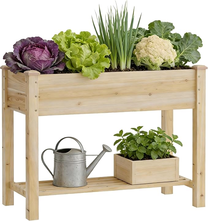 Raised Garden Bed with Legs, Wooden Raised Garden Bed with Storage Shelf, 34x18x30.7in, Elevated Wood Planter Box for Vegetables Flowers Herbs, Garden Planter for Backyard Patio Balcony (Natural, S)