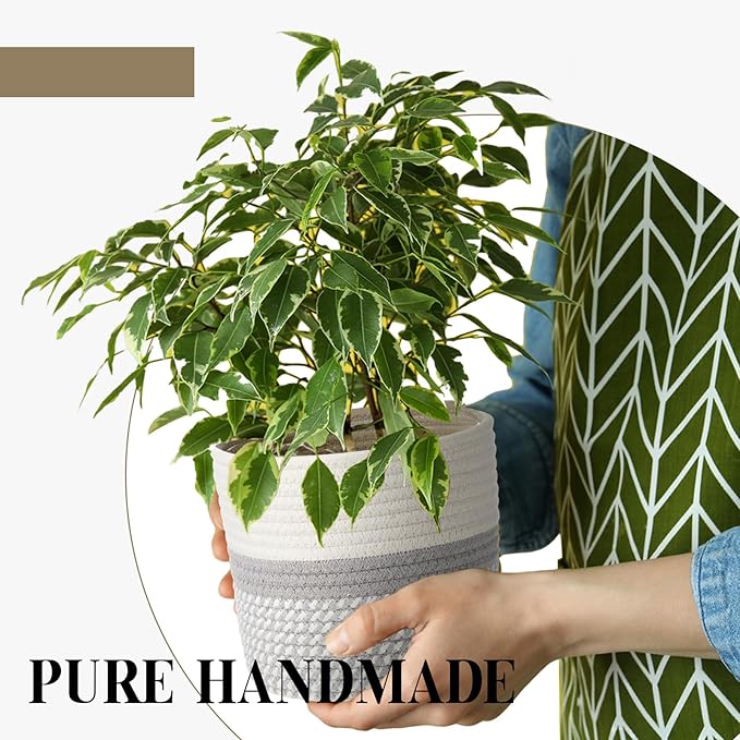 3 Pcs Cotton Rope Plant Basket with Plastic Liner Rustic Plant Basket Planters Modern Woven Decorative Pots for Home Flower Indoor Storage Decor, 7.5 x 6.5 Inches(White, Gray)