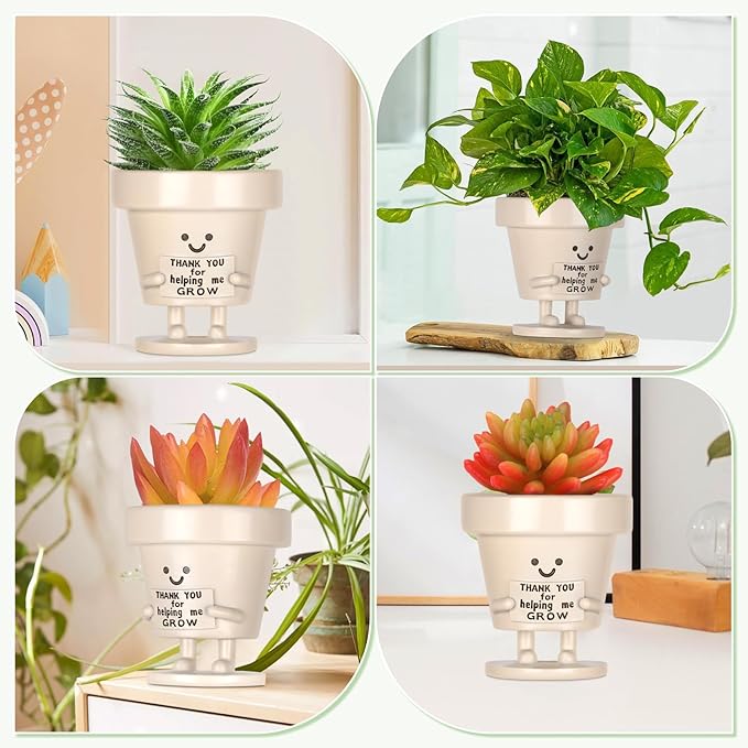 Funny Smiley Face Planter Pots with Drainage - Unique Cute Resin Flower Pot for Indoor Outdoor Plants Succulents Cactus Teacher Appreciation Gifts