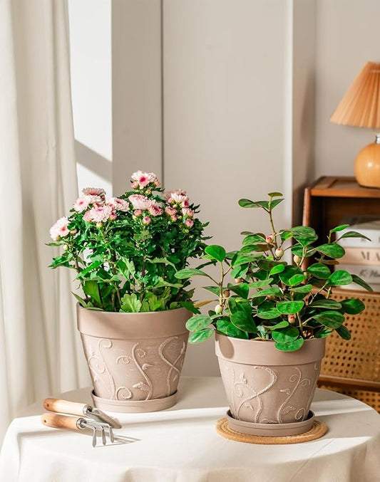 Melphoe Plant Pots Indoor with Drainage & Saucer, 2Pack 7/8 inch Flower Pots Outdoor Planters for Indoor Plants Garden Home Decor Cactus Succulent, Rigid Plastic (Imitation-Terracotta) Vine-Embossed