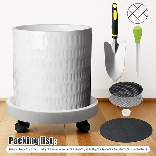 10 Inch Plant Pot with Caddy,Ceramic Planter with Drainage,Large Planters for Indoor Plants,Indoor&Outdoor Plant pots,Ceramic Flower pots,Cylinder Flower Planter Pot(Pure White)