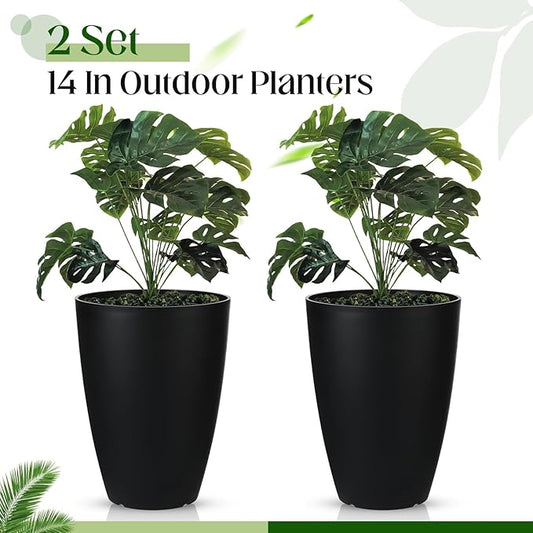 2 Pack 14 Inch Tall Planters for Outdoor Indoor Plants, Black Round Resin Plant Flower Pots with Drainage Hole for Front Porch Patio Garden Deck Living Room Decor
