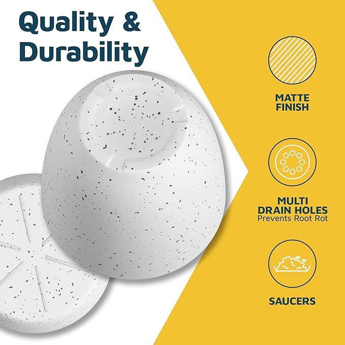 White Grey Plant Pots with Drainage Holes & Saucers 3 Pack, Indoor & Outdoor Stackable Space-Saving Planters for Houseplants & Flowers, (7", 6.7", and 6" Inches), Durable & Weatherproof Materials