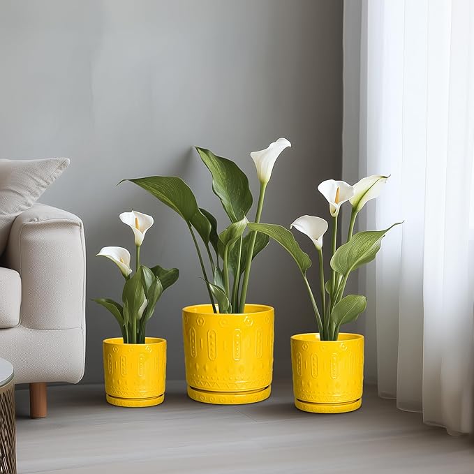 Ceramic Flower Pots, 12 Inch Plant Pot with Drainage Holes and Saucers, Round Pots for Plants for Indoor Outdoor, Boho Decorative Planter, Garden House Decor, Gifts for Women, Yellow