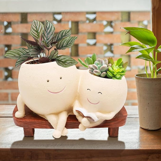 Smily Face Planter Pot for Plants, Cute Double Head Planters for Indoor Outdoor Plants, Modern Lady Head Vase Girl Face Planter, Unique Succulent Pots with Drainage Hole (Khaki)