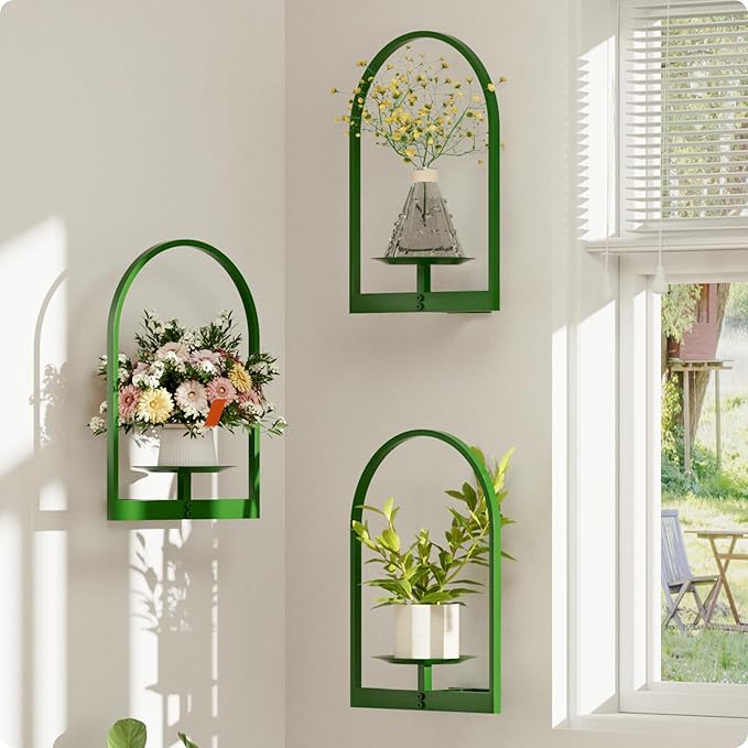 Green Metal Wall Plant Holder - 3-Pack Wall Mounted Plant Stands and Hanging Holders for Indoor Planter and Flower Pot - Arch Decor Shelf for Plant Storage (Pot Not Included)