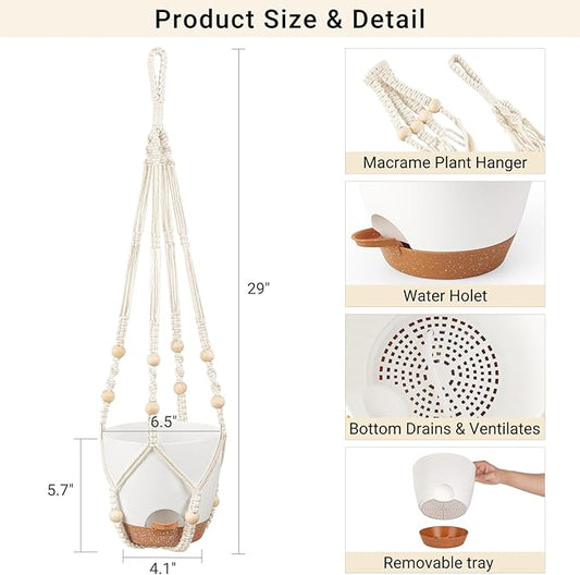Mkono 6.5 Inch Hanging Planters, Macrame Plant Hangers with Self Watering Plant Pots Indoor Set of 2 Hanging Baskets Flower Pot Holders with Hooks No Tassels for Boho Home Decor, Ivory
