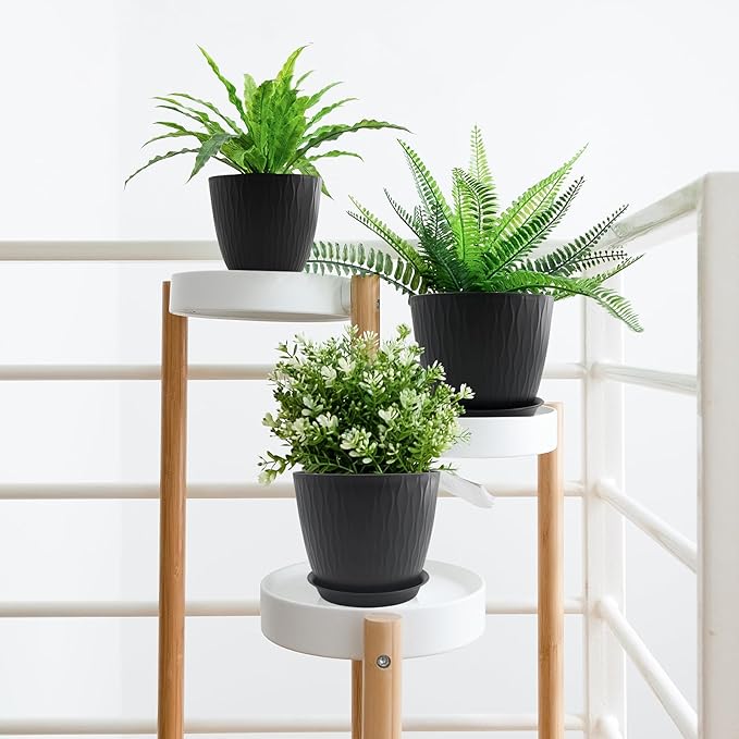 8/7/6 inch Plant Pots, 3 Pack Flower Pots for Outdoor Indoor Garden Plants, Large Planters with Multi Mesh Drainage Holes and Saucer (Black, 8"+7"+6")