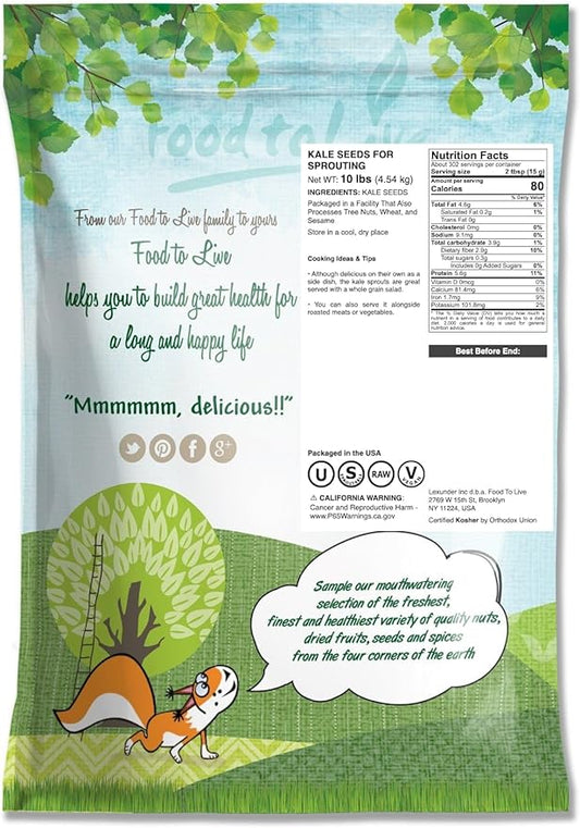 Food to Live Kale Seeds, 10 Pounds - Great for Sprouting and Planting, High Germination Rate, Non-Irradiated, Kosher, Vegan, Bulk, Grow Amazing Sprout, Microgreens and Plants for Salads, Sirtfood