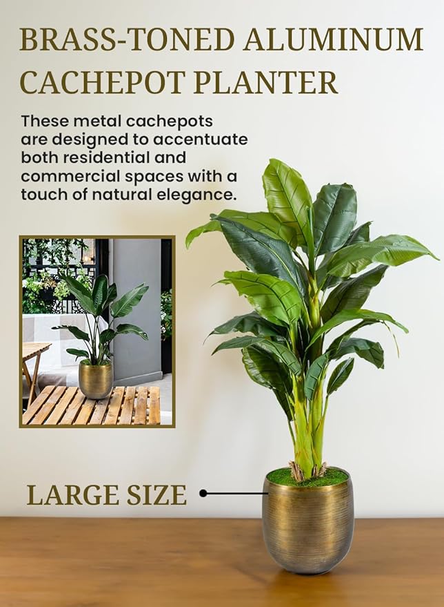 Serene Spaces Living Brass-Toned Aluminum Cachepot Planters, Handcrafted in India, Elegant Wedding, Home & Office Decor, Vintage Planter for Indoor Plants, Flowers, Table Centerpieces, Large, Set of 2