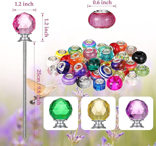MTLEE 101 Pieces Garden Stakes Decorative Beaded Garden Stakes with Crystal Stopper Top Round Glass Bead Antique Silver Bail with Pendant Silver Bead for Outdoor Decoration (Vintage Style)