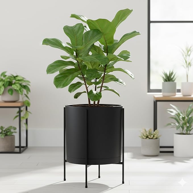D'vine Dev 14 Inch Black Planter Pot with Stand – Modern Plastic Cylinder Flower Pot with Heavy-Duty Metal Stand for Indoor Plants, 55-D-B-4