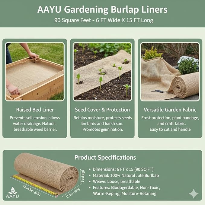 72 Inch X 15 Feet Gardening Burlap Liners, 90 Sq Ft (6 FT W X 15 FT L) Loose Weave Jute-Burlap for Raised Bed, Seed Cover and Garden Fabric (72 Inch X 15 feet, 72" x15'L)