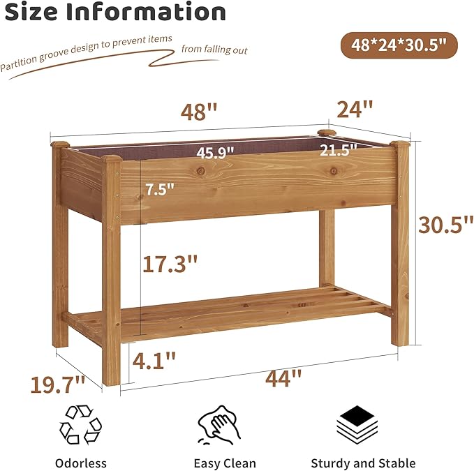 FILWH Raised Garden Bed with Legs Elevated Wooden Planter Box Stand Large Planter Stand Box for Fruits Vegetables Flowers with Divider with Bag - 48 * 24 * 30.5IN(Brown)