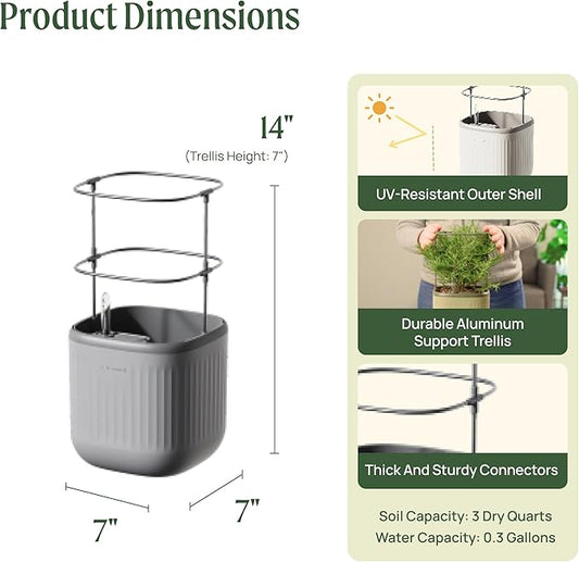 Vego garden Mini Planter Indoor Pots with Trellis Self-Watering Herb Countertop Planter for Climbing Vegetables Flowers Mint Plants Cage- Fog Gray