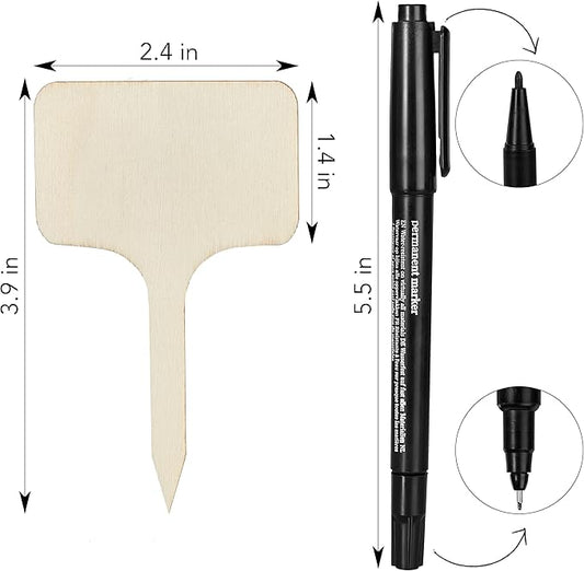 OwnGrown Wooden Plant Tags - 60 Labels and Marker Pen - Wooden Garden Sign for Identification - Seedling Tags for Gardening, Garden Stakes for Potted Plants, Herbs, Vegetables - 4"x2.4"