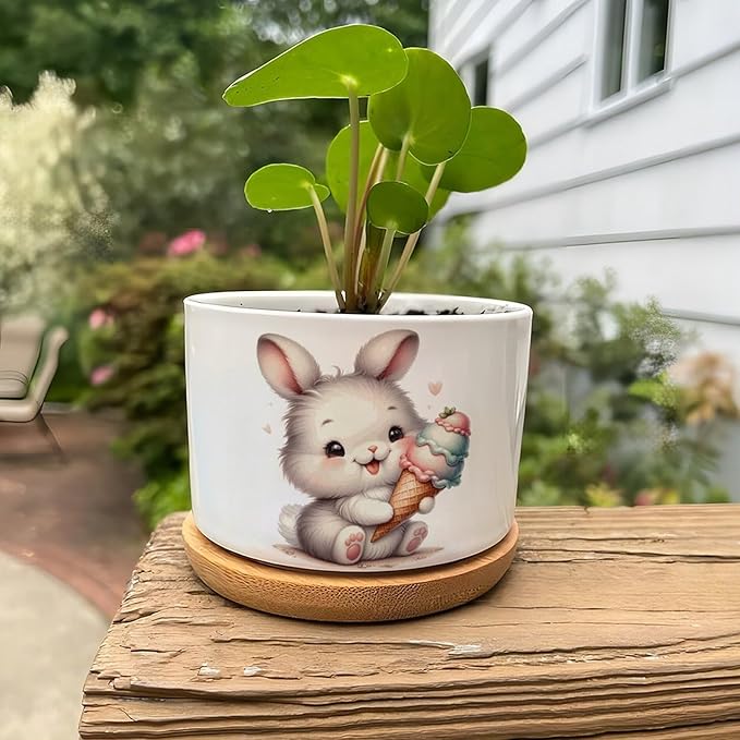 DreamAutumn Cute Easter Bunny Ceramic Pots for Plants with Drainage Holes Round Flower Pot Bamboo Tray Orchid Pot Succulents Pots for Outdoor Indoor Plants
