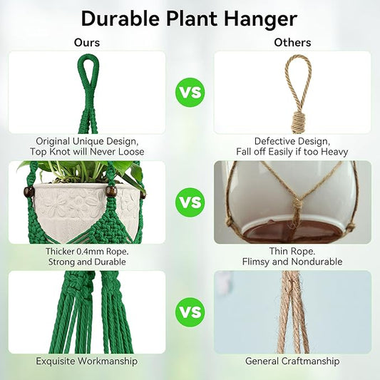 USLAI Macrame Plant Hanger Indoor Outdoor, Fits 3 to 6.5 inch Pots, Hanging Planter Holder with Beads and Tassels, Boho Home Decor, 35+35 Inch, Green (POTS NOT Included)