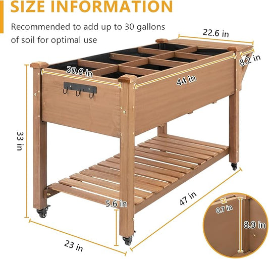 Raised Garden Bed with Lockable Wheels Mobile Elevated Wood Planter,Storage Shelf, Protective Liner,55.5x24x32in (Brown)