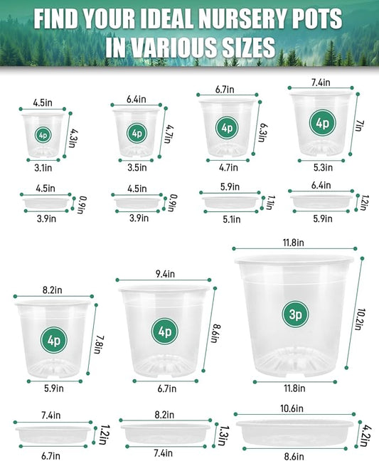 27 Pack Clear Nursery Pots with Drainage 12/9.5/8/7.5/6.7/5/4.5 Inch Nursery Pots with Saucers Transparent Seed Starting Pots Including Plant Labels for Indoor Outdoor Home Gardening