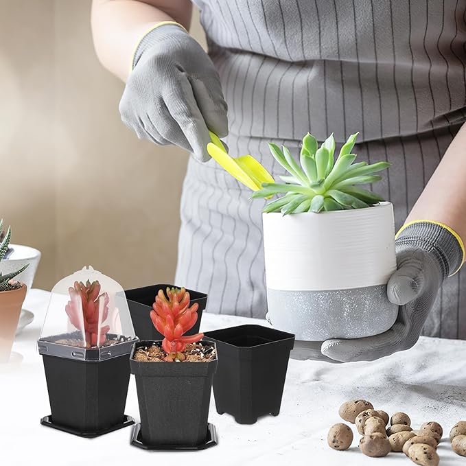 Black Plant Nursery Pots: 5Pcs Seeding Starter Pots, 3 Square Nursery Pot with Humidity Dome, Plastic Plant Container for Garden Vegetable Flower Germination