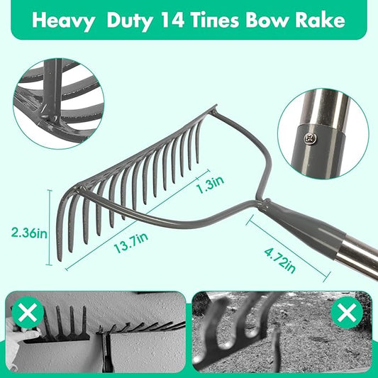 Rake, 72 Inch Garden Bow Rake with 14 Tines, Heavy Duty Stainless Steel Raking Tool for Gardening Landscaping Loosening Soil Leveling Mulching Gravel Gathering Leaf Lawn Care