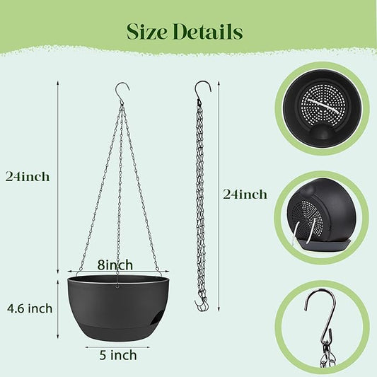 Set of 2-8 Inch Self Watering Hanging Planters for Indoor Outdoor,Hanging Plant Pots with Drainage & Removable Tray, Hanging Pots Holder for Ivy, Pothos, Ferns, Balcony & Patio, Black