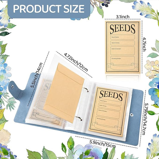Seed Storage Organizer Binder, Leather Seed Packet Organizer with 50 Pack Seed Envelopes, Garden Seed Storage Holder Book, Plant Seed Saver, Flower Seed Keeper, Blue, 3.1x4.7 Inch Seed Envelopes