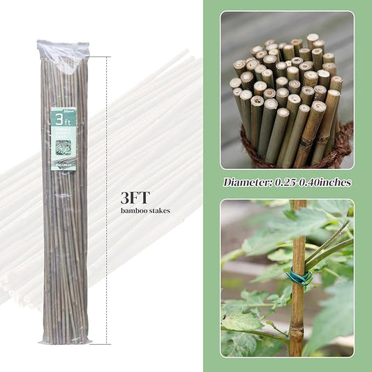 50PCS Bamboo Stakes Bamboo Poles Eco-Friendly Bamboo Support Plant Stakes for Tomato, Bean, Flowers,Trees Potted and Climbing Plant Natural Garden Stakes with 30 Pieces Green Twist Ties(3.0FT)