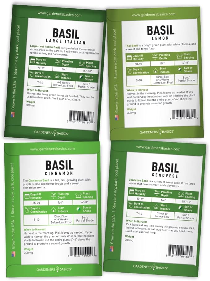 Gardeners Basics, Basil Seeds for Planting Home Garden - 8 Variety Herb Pack Genovese, Large Leaf, Lemon, Thai, Red Rubin, Cinnamon, Sweet and Purple Opal Basil Herb Seeds for Indoors & Outdoors