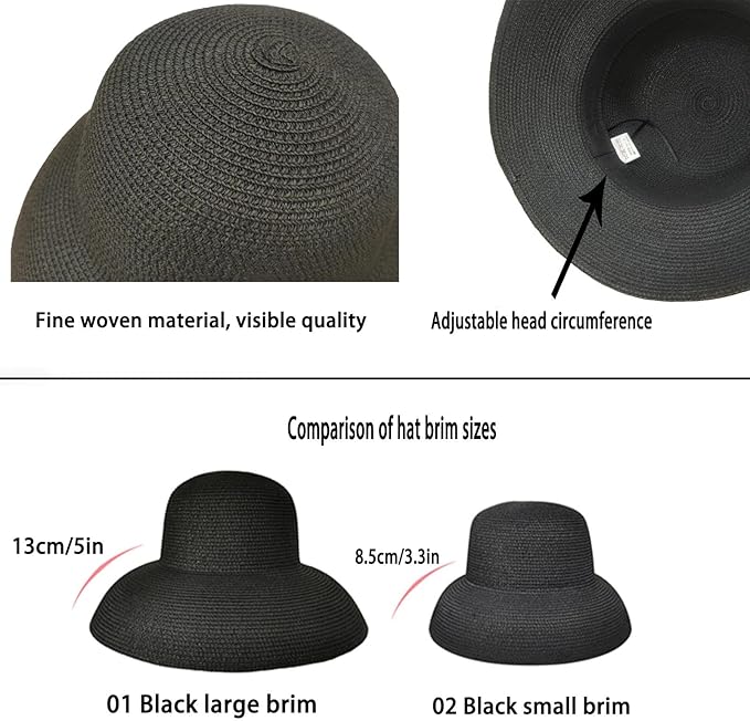 Wide-Brim Classic Elegant Style Foldable Straw Hat Women's Retro UV Resistant Sun Hats for Outdoor, Beach and Travel