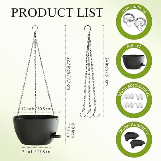 12 Inch Hanging Baskets 2 PC with Chains, Self-Watering Hanging Planters for Indoor Outdoor Plants, Plastic Hanging Flower Pots,Black